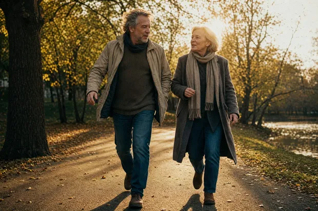 Cuplu trecut de 60 de ani merge alert pe aleea din parc la început de toamnă, în lumina serii — Cardiotensive în România
