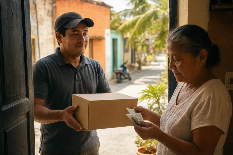 El mensajero entrega la caja de cartón a una mujer mayor de 55 años en la puerta y ella cuenta el efectivo — Cardiotensive en Guatemala