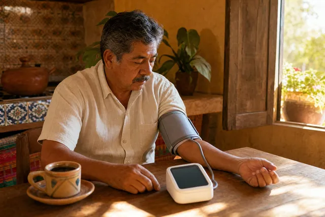 Un señor de unos 58 años se mide la presión por la mañana en la cocina con tensiómetro de brazo, al lado su té — Cardiotensive en Guatemala